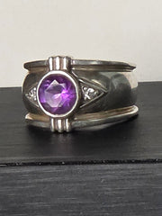 Vintage Sterling Silver Amethyst Wide Band Ring – Size 12
