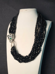 Vintage KJL Kenneth Jay Lane Panther Head Black Glass Multi-Strand Torsade Necklace – 17"