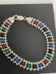 Milor Italy Sterling Silver Riccio Black Blue Red Green Bead Bracelet 925 7"
