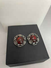 N.E. From Denmark Sterling Amber Earrings, Vintage Silver 925 Amber Floral Clip-ons