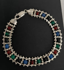 Milor Italy Sterling Silver Riccio Black Blue Red Green Bead Bracelet 925 7"