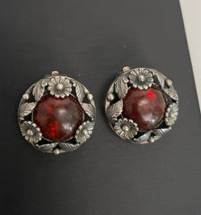 N.E. From Denmark Sterling Amber Earrings, Vintage Silver 925 Amber Floral Clip-ons