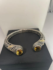 Bali RoManse Silver & 18K Gold Accents Oval Gemstone Hinged Cuff Bracelet – Golden Yellow