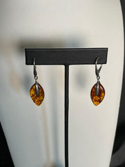 Natural Baltic Amber Marquise Teardrop Sterling Silver Dangle Earrings