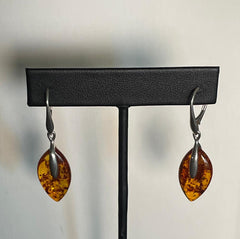Natural Baltic Amber Marquise Teardrop Sterling Silver Dangle Earrings
