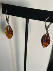 Natural Baltic Amber Marquise Teardrop Sterling Silver Dangle Earrings