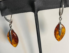 Natural Baltic Amber Marquise Teardrop Sterling Silver Dangle Earrings