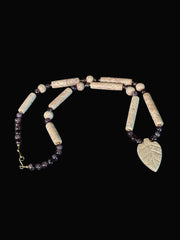 Genuine Amethyst & Natural Magnesite Beaded Necklace with Carved Leaf Pendant – product image 1