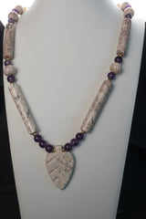 Genuine Amethyst & Natural Magnesite Beaded Necklace with Carved Leaf Pendant – product image 1