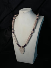 Genuine Amethyst & Natural Magnesite Beaded Necklace with Carved Leaf Pendant – product image 1
