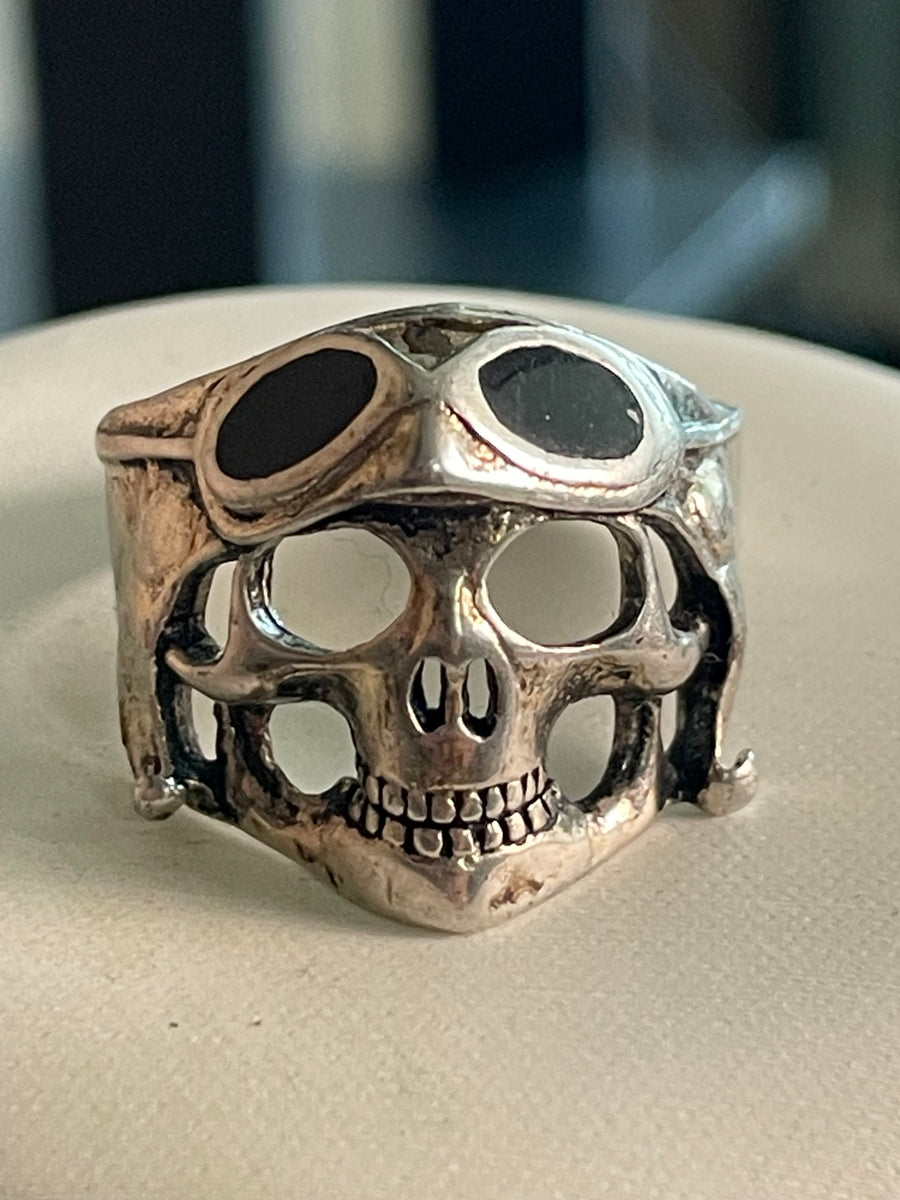 Artisan Signed NV Sterling Silver Biker Skull Genuine Black Onyx Ring -sz 11.5