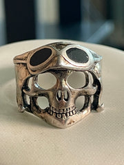 Artisan Signed NV Sterling Silver Biker Skull Genuine Black Onyx Ring - The Jewelry Revival