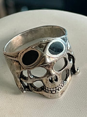 Artisan Signed NV Sterling Silver Biker Skull Genuine Black Onyx Ring - The Jewelry Revival