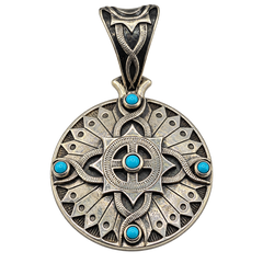 Artisan Sterling Silver Southwestern Mandala Shield Turquoise Pendant - The Jewelry Revival